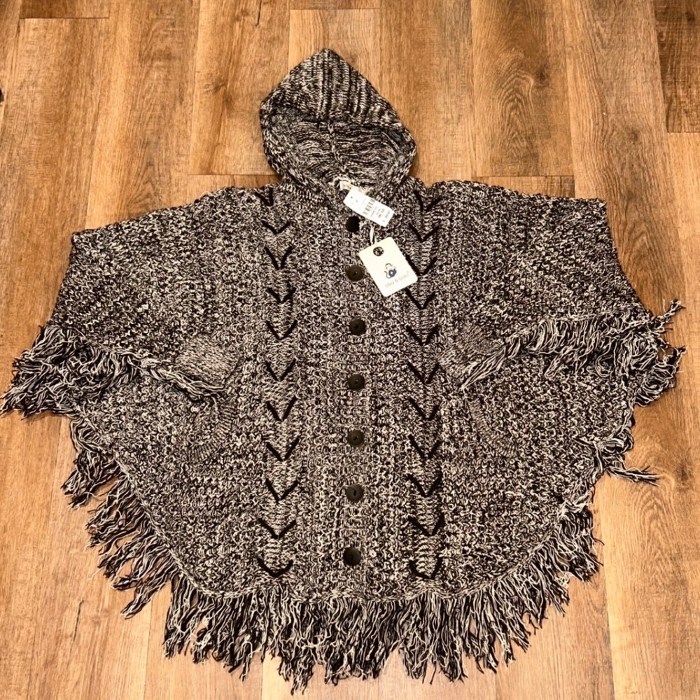 Mika & Gala Black Cream Marled Knit Hooded Poncho Cape Fringe One Size NWT